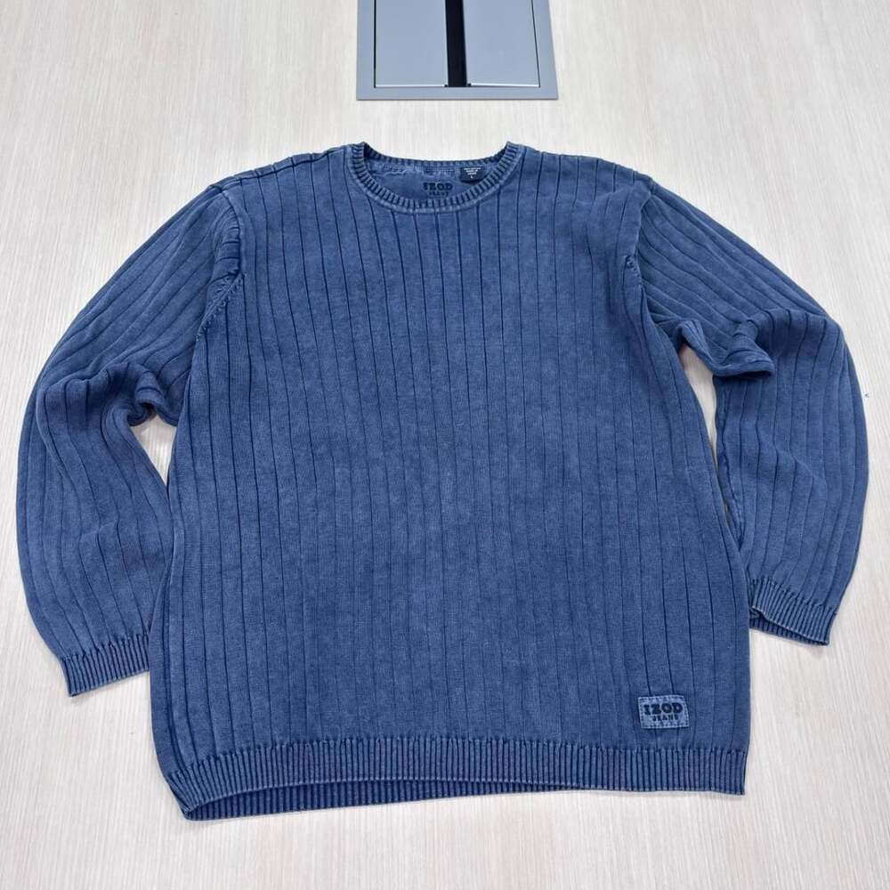 IZOD Jeans Ribbed Knit Crewneck Sweater Size L Blue Cotton